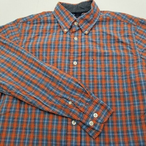 Tommy Hilfiger Long-Sleeve Button Down Shirt Color: Orange & Blue Size Small - Picture 1 of 9